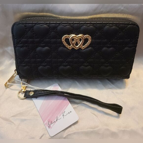 Blush Kiss NWT Women's Black Soft Faux Leather Wallet with Gold Hardware Hearts - Picture 1 of 6